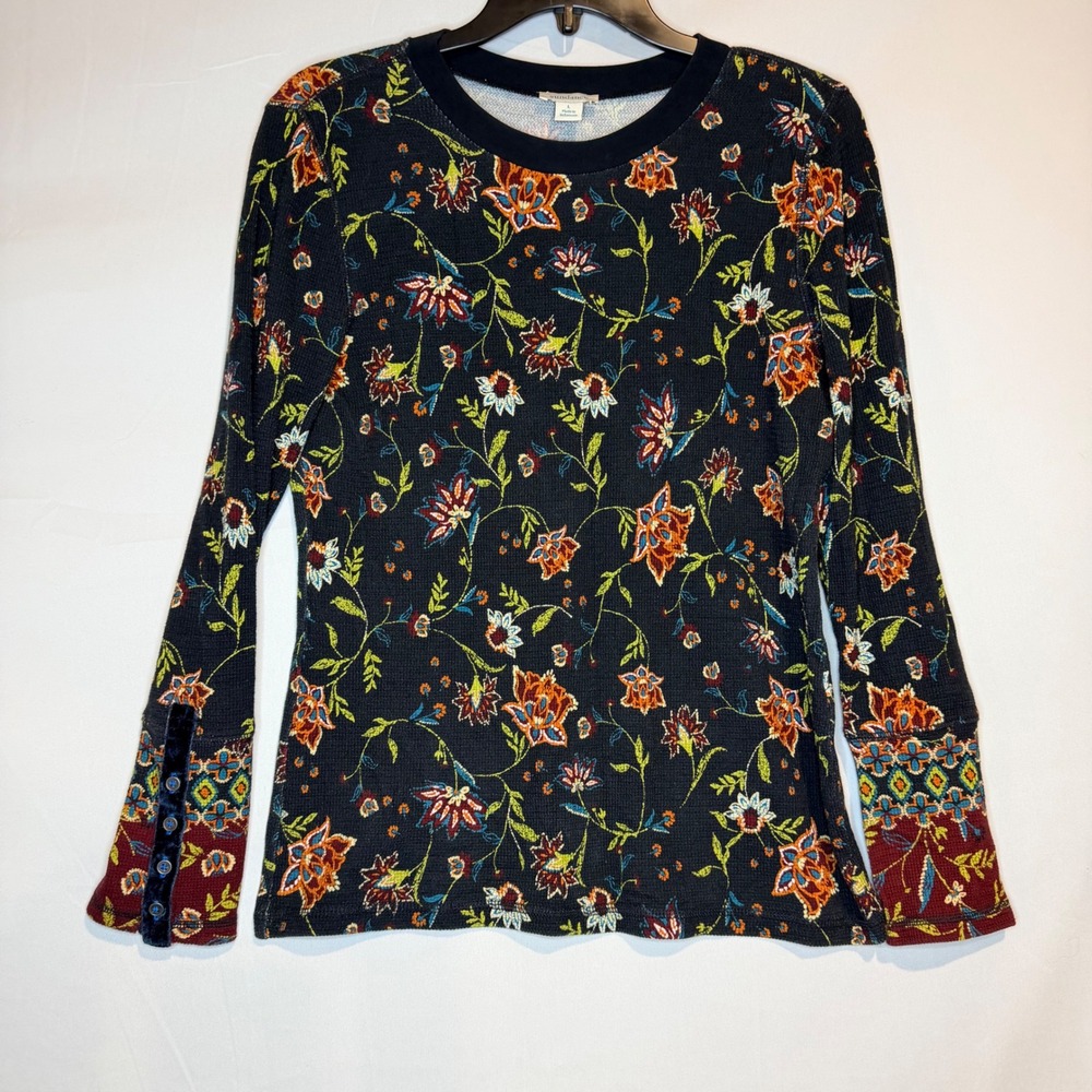 Sundance Womens L Floral Waffle Knit Thermal Top Velvet Trim Button Cuff Gray